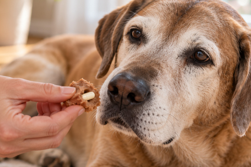 Älterer Hund mit grauer Schnauze schnuppert an einem weichen Leckerli, in dem eine Kapsel steckt