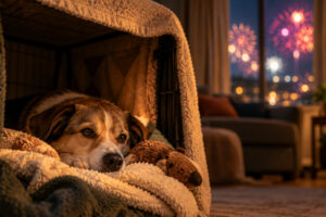 Hund liegt entspannt in seinem abgedeckten Rückzugsort, während draußen Feuerwerk zu sehen ist