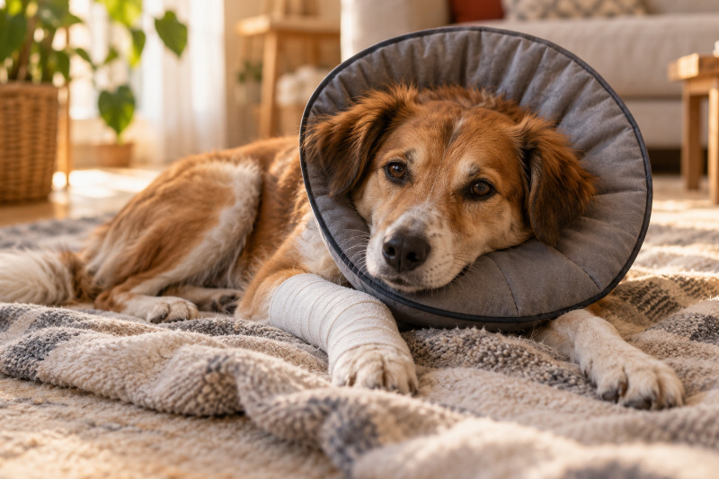 Rotbrauner Hund mit weichem Halskragen und verbundener Vorderpfote liegt auf einer Decke im Wohnzimmer