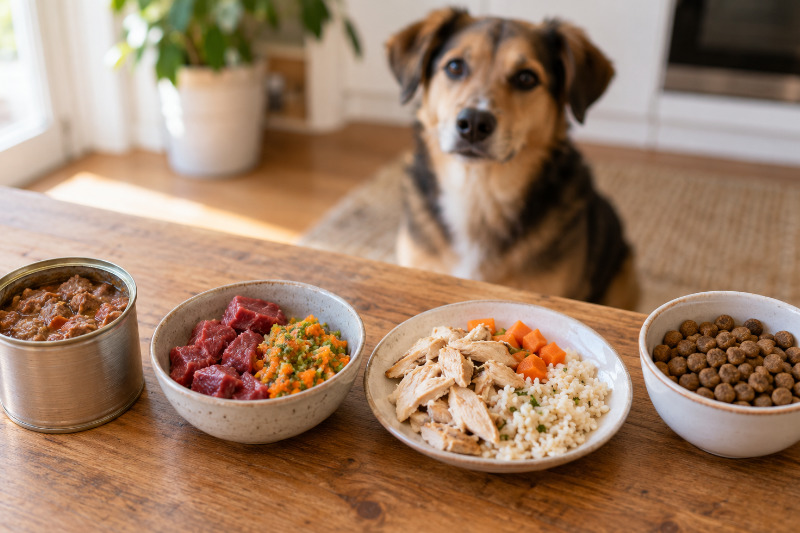 Vier Fütterungsformen für Hunde nebeneinander auf einem Holztisch: Nassfutter, rohes Fleisch mit Gemüse, gekochtes Futter und Trockenfutter, im Hintergrund ein Hund